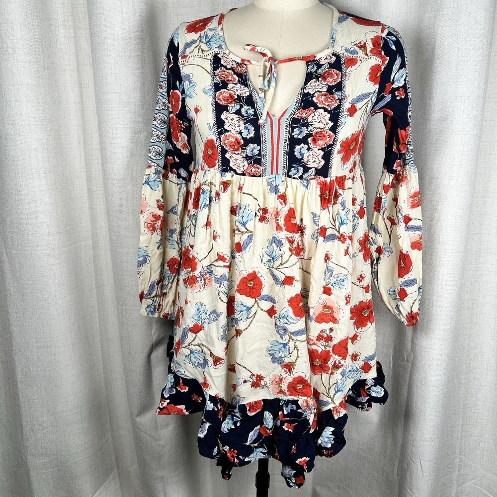 Patrons of‎ Peace Floral Boho Babydoll Tunic Dress Cream Navy Blue Red Small